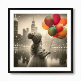 Little Girl Holding Balloons, City Skyline, Dreamy, Selective Color Art Print