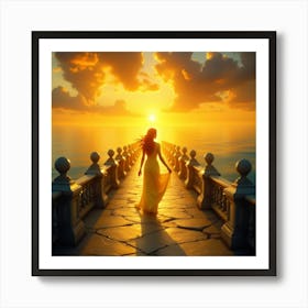 Woman Walking On A Bridge At Sunset Art Print