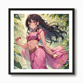 A girl having black hair and black eyes, wearing pink saree. Art Print