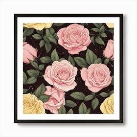 Pink Roses On Black Background Art Print