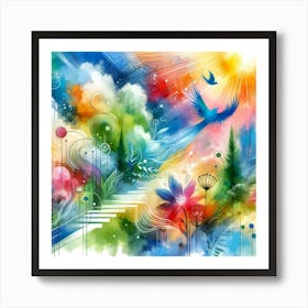 Watercolor Of Flowers And Birds Art Print