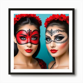 Mexican Women With Masks Art Print