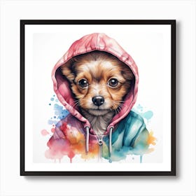 Watercolour Cartoon Dog In A Hoodie Art Print