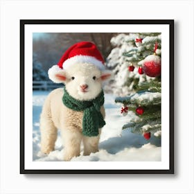 Cute Lamb With A Scarf And A Santa Hat Art Print