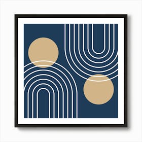 Mid Century Modern Geometric In Navy Blue And Tan (Rainbow And Sun Abstract) 02 Art Print