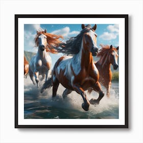 Wild Horses Running In The river Art Print