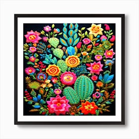 Mexican Flowers,A captivating Mexican embroidery motif showcasing a magnificent cactus in full bloom Art Print
