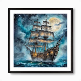 Pirate Ship At Night Art Print