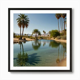 A Tranquil Desert Oasis With Palm Trees, Clear Water, And Blooming Flowers 2 Art Print