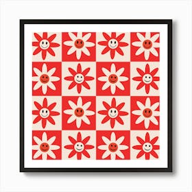 Checkered Red and White Smiling Flowers Art Print