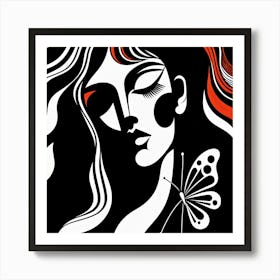 Bold and Strong Female Portrait with Butterfly in Black and Red Art Print