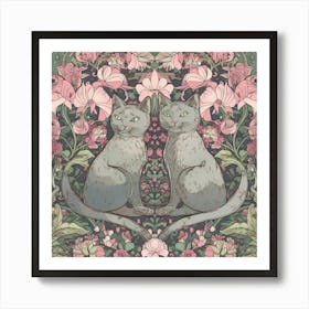 William Morris  Inspired  Classic Cats Grey Pink And Green Square Art Print