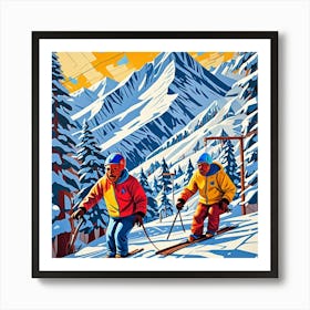 Cross Country Skiing Cubism Style Art Print