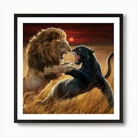 Lion And Panther Fighting Art Print