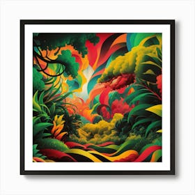 'The Jungle'Create an abstract jungle scene with vibrant, swirling colors and stylized plants and trees. Incorporate geometric shapes to add depth and texture Art Print