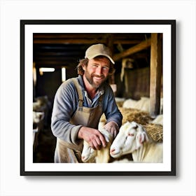 Farmer With Sheep In A Barn Art Print