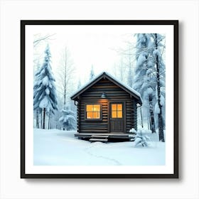 Cabin In The Winter Woods Surrounded By Snow And Frosty Trees Art Print