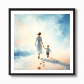 Mother And Child Walking On The Beach Art Print