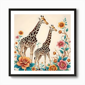 Two Giraffes Between Orange, Turquoise and Pink Flower Art Print