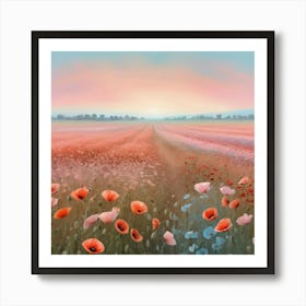 Fields Stretching To The Horizon With Poppies Hues Ranging From Pale Blue To Soft Pastel Light Pink Art Print