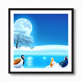 Winter Birds By The Lake 1 Art Print