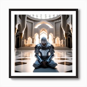 A 3d Dslr Photography Muslim Wearing Futuristic Digital Armor Suit , Praying Towards Masjid Al Haram, House Of God Award Winning Photography From The Year 8045(1) Art Print