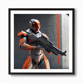 A Futuristic Warrior Stands Tall, His Gleaming Suit And Orange Visor Commanding Attention 4 Art Print