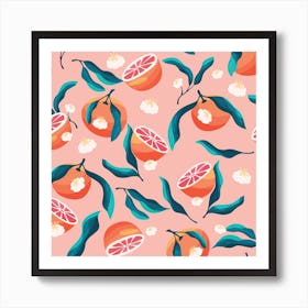 Orange Pattern On Pink With Florals Square Art Print