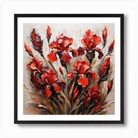 Pattern with red Irises flowers 1 Art Print