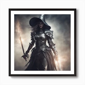 Witch Standing In Dynamic Pose Wearing Armor Holding Sword And Magic, Futuristic Medieval, Epic Comp Art Print