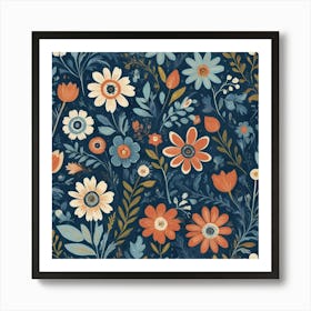 Folk Flowers Blue Art Print 3 Art Print