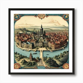 A Vintage Map, Of A Historic City With Ornate Borders And Labels art print 2 Art Print