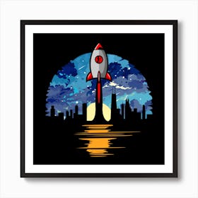 Rocket Ship In The Sky Cartoon Star Sun City Art Print