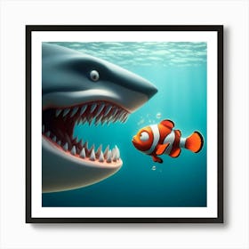 Clownfish And Shark Art Print