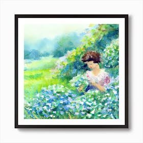 Watercolor Of Girl In Blue Flowers Art Print