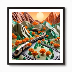 Origami Train On The Tracks Art Print