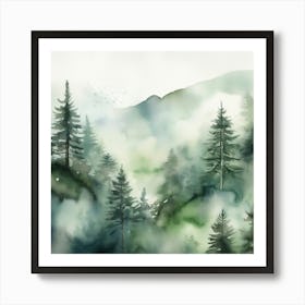 Appalachian Mountains of Misty Pines Watercolor Print of Evergreen Forest..357 Art Print