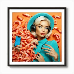 Young Woman Listening To Music And Eating Shrimp Art Print