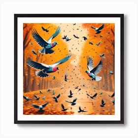 Pigeons In The Autumn Forest Art Print