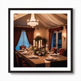 An Elegant Luxurious Tent Interior Features A Dining Table Set For A Meal With Curtains And Fireplace Creating A Cozy Atmosphere 1 Art Print