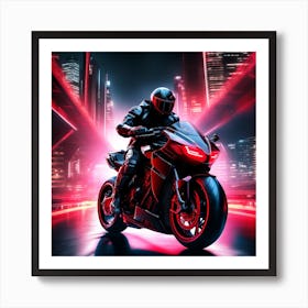 The Image Depicts A Futuristic Scene With A Black And Red Motorcycle Ridden By A Cyborg 4 Art Print