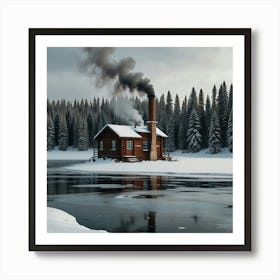 A Snowy Landscape With A Frozen Lake And A Cozy Cabin With Smoke Rising From The Chimney Art Print