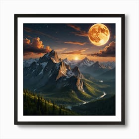 Full Moon Over Mountains Art Print