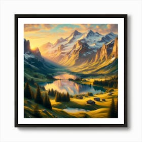 Sunset In The Mountains With Lush Green Meadows And Lake Art Print