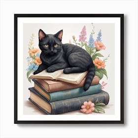 Black Cat On Books Canvas Print Art Print