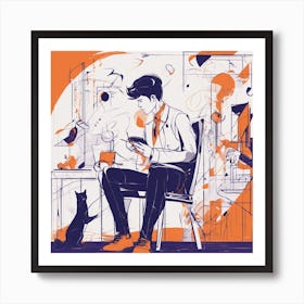 Drew Illustration Of Boy On Chair In Bright Colors, Vector Ilustracije, In The Style Of Dark Navy An (2) Art Print