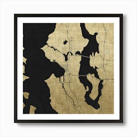 Seattle Gold And Black Reverse Street Map Art Print