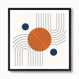 Mid Century Modern Geometric in classy navy blue burnt orange (Rainbow and Sun Abstract Design) 1 Art Print