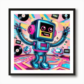 A Vibrant, Neon Lit Cartoon Style Animated Gif Featuring A Retro Futuristic Robot With Shiny Metallic Skin, Glowing Blue Circuits, And Neon Pink Accents, Busting Energetic Dance Moves (3) Art Print