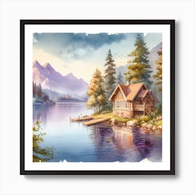 Watercolor Of Cabin By The Lake Art Print